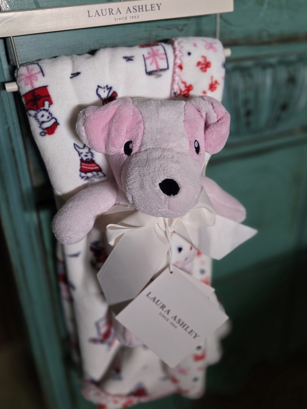 Laura Ashley Pink Plush Bear Lovey with Cream Bow